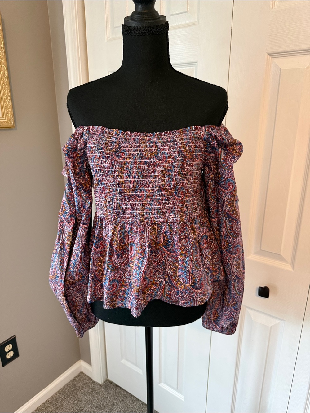 J. Crew Multi-Color Paisley Off-Shoulder Smocked Top